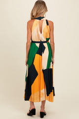 Multicolor V-Neck Satin Pleated Maternity Maxi Dress