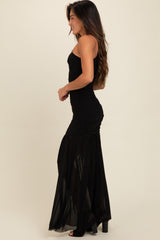 Black Ruched Mesh One Shoulder Maxi Dress