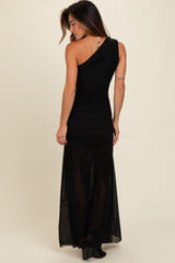 Black Ruched Mesh One Shoulder Maxi Dress