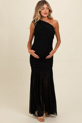 Black Ruched Mesh One Shoulder Maternity Maxi Dress