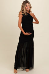 Black Ruched Mesh One Shoulder Maternity Maxi Dress