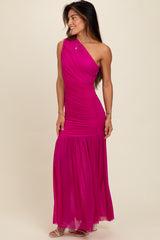 Magenta Ruched Mesh One Shoulder Maxi Dress