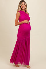 Magenta Ruched Mesh One Shoulder Maternity Maxi Dress