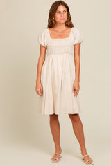 Cream Linen Smocked Puff Sleeve Maternity Dress