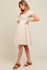 Cream Linen Smocked Puff Sleeve Maternity Dress