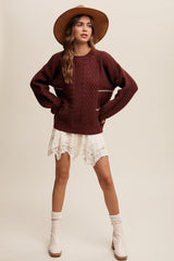 Brown Striped Mixed Cable Knit Sweater