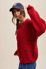 Red Striped Mixed Cable Knit Sweater