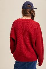 Red Striped Mixed Cable Knit Sweater