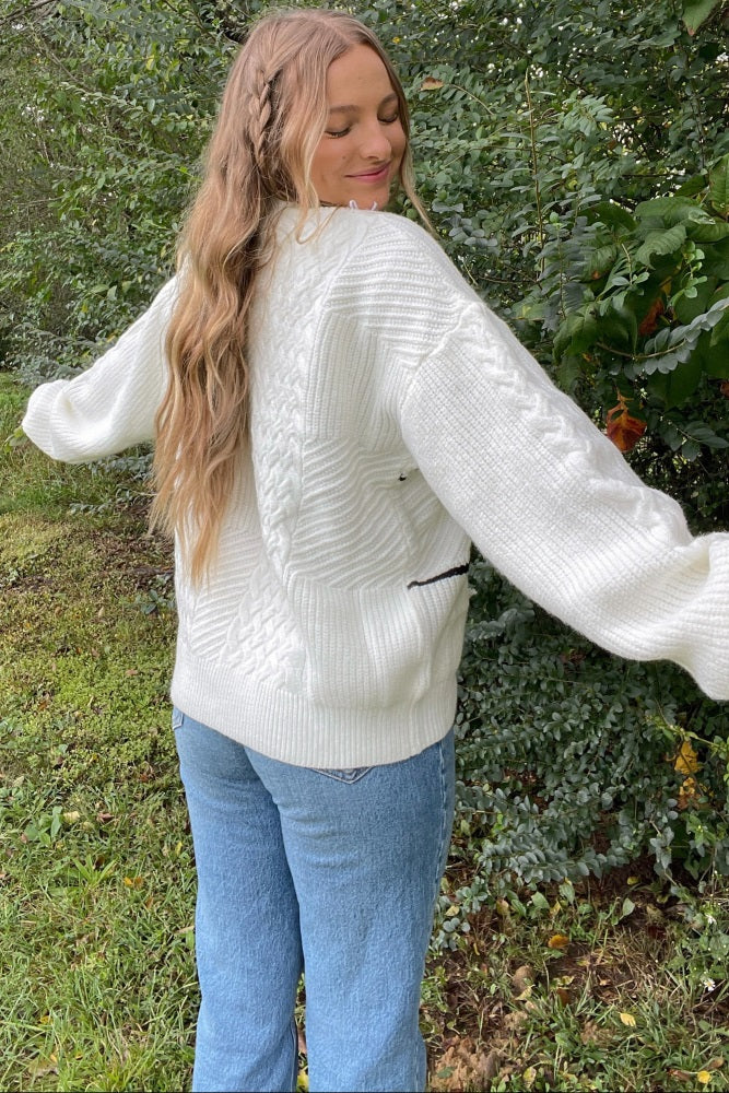 Ivory Striped Mixed Cable Knit Sweater