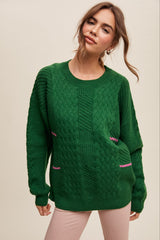 Green Striped Mixed Cable Knit Sweater