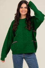 Green Striped Mixed Cable Knit Sweater