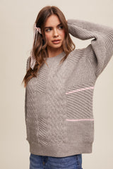 Heather Grey Striped Mixed Cable Knit Sweater