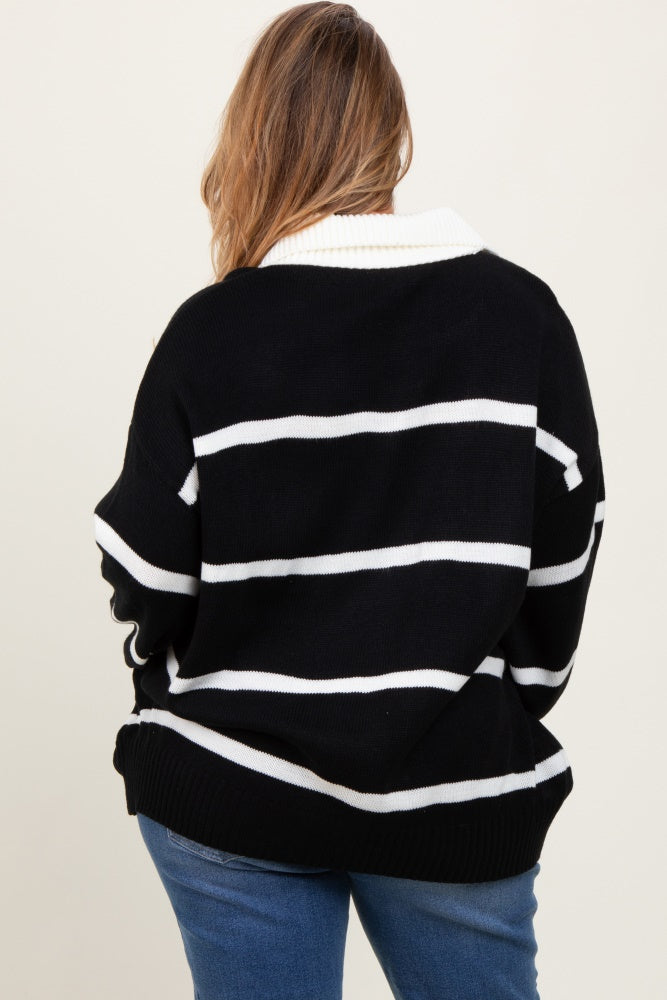 Black Striped Collared Maternity Plus Sweater