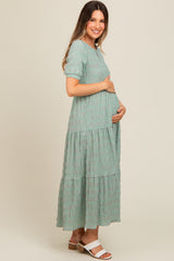 Light Olive Textured Tiered Maternity Maxi Dress