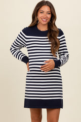 Navy Striped Long Sleeve Knit Maternity Mini Dress