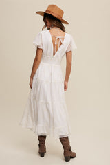 Cream Flower Embroidered V-Neck Tiered Maxi Dress