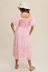 Pink Flower Embroidered Puff Sleeve Tiered Maxi Dress