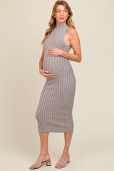 Grey Ribbed Knit Mock Neck Fitted Maternity Dress