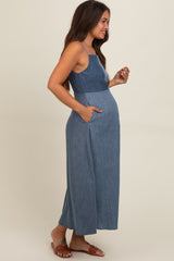 Blue Contrast Denim Maternity Maxi Dress