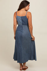 Blue Contrast Denim Maternity Maxi Dress