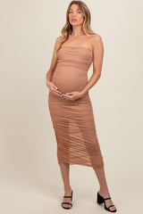 Mocha Embellished Mesh Strapless Ruched Maternity Dress