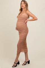 Mocha Embellished Mesh Strapless Ruched Maternity Dress