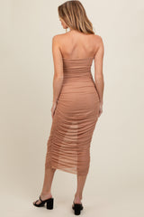 Mocha Embellished Mesh Strapless Ruched Maternity Dress