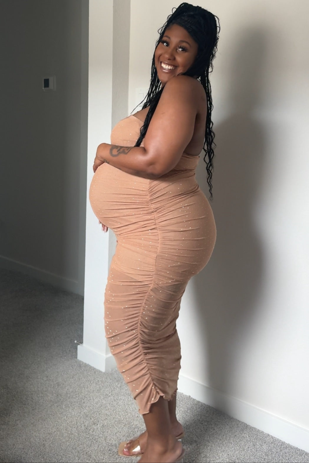 Mocha Embellished Mesh Strapless Ruched Maternity Dress