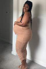 Mocha Embellished Mesh Strapless Ruched Maternity Dress