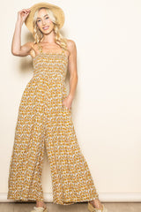 Yellow Printed Smocked Wide Leg Maternity Jumpsuit