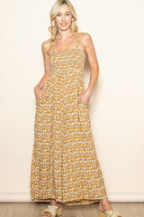 Yellow Printed Smocked Wide Leg Jumpsuit