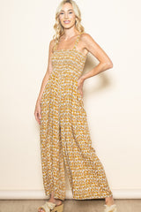 Yellow Printed Smocked Wide Leg Jumpsuit