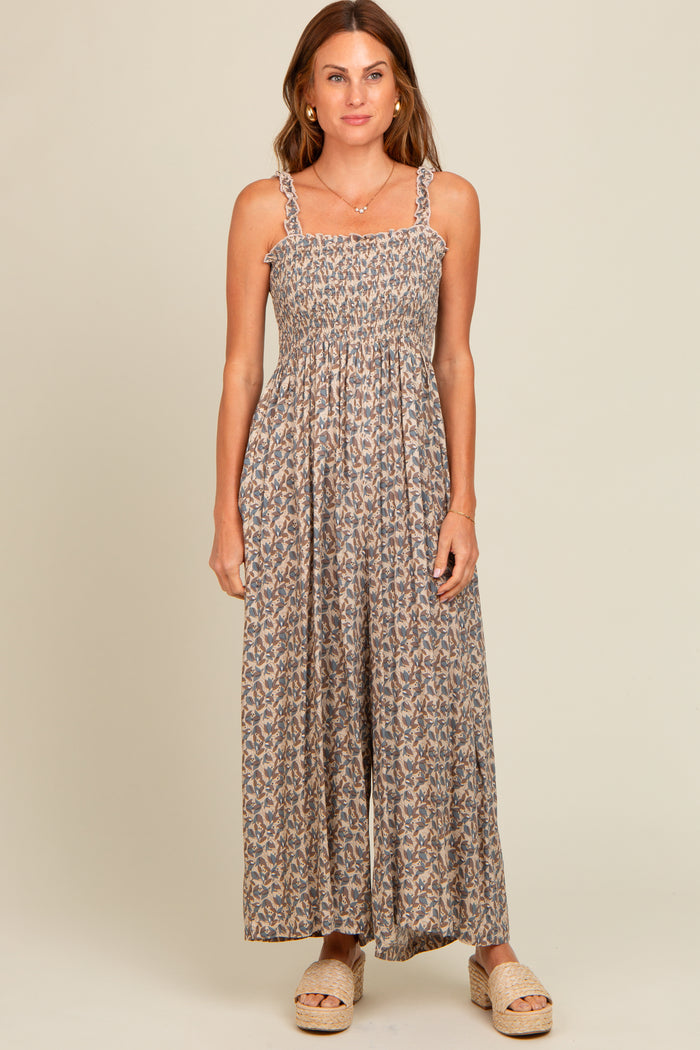 Taupe Printed Smocked Wide Leg Maternity Jumpsuit