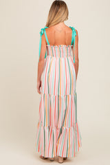 Multicolor Striped Shoulder Tie Smocked Maternity Maxi Dress