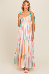 Multicolor Striped Shoulder Tie Smocked Maxi Dress