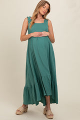 Forest Green Ruffle Strap Cutout Back Tie Maternity Dress