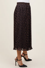 Navy Blue Floral Print Chiffon Pleated Midi Skirt