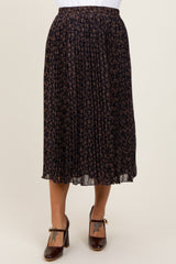 Navy Blue Floral Print Chiffon Pleated Maternity Midi Skirt