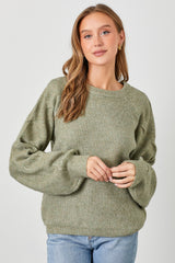 Light Olive Speckled Knit Contrast Sleeve Sweater