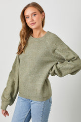 Light Olive Speckled Knit Contrast Sleeve Sweater