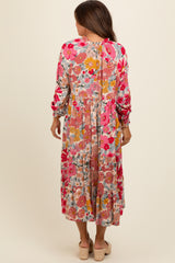 Pink Floral Tassel Tie Tiered Maternity Midi Dress