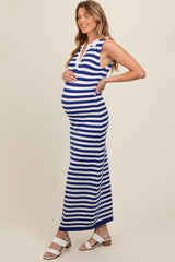 Navy Striped Knit Polo Maternity Fitted Maxi Dress