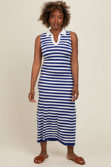 Navy Striped Knit Polo Maternity Fitted Maxi Dress