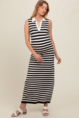 Black Striped Knit Polo Maternity Fitted Maxi Dress