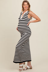 Black Striped Knit Polo Maternity Fitted Maxi Dress