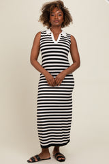 Black Striped Knit Polo Maternity Fitted Maxi Dress