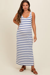 Royal Blue Striped Sleeveless Side Slit Maternity Maxi Dress