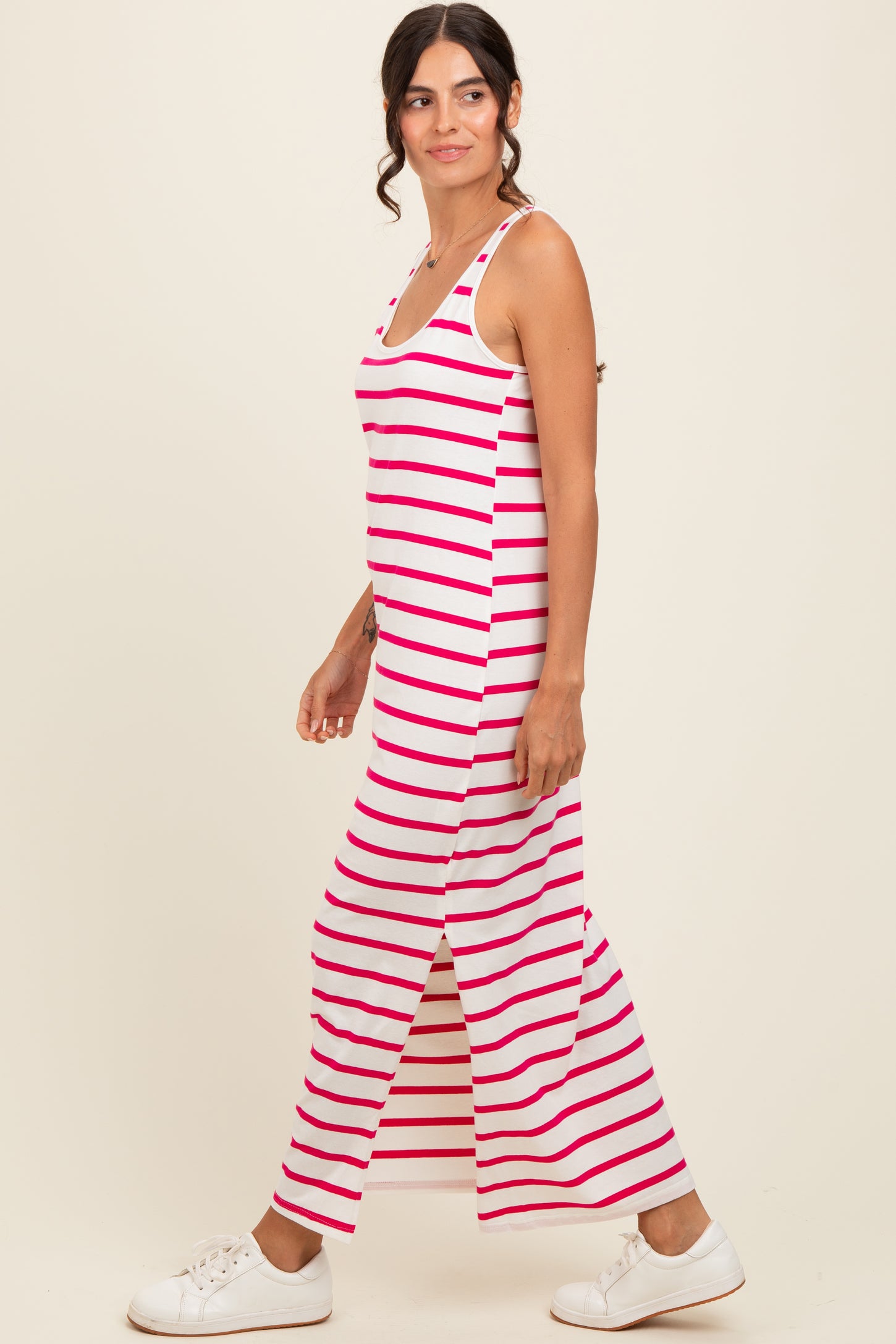 Fuchsia Striped Sleeveless Side Slit Maxi Dress