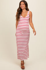 Red Striped Sleeveless Side Slit Maternity Maxi Dress