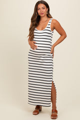 Black Striped Sleeveless Side Slit Maternity Maxi Dress